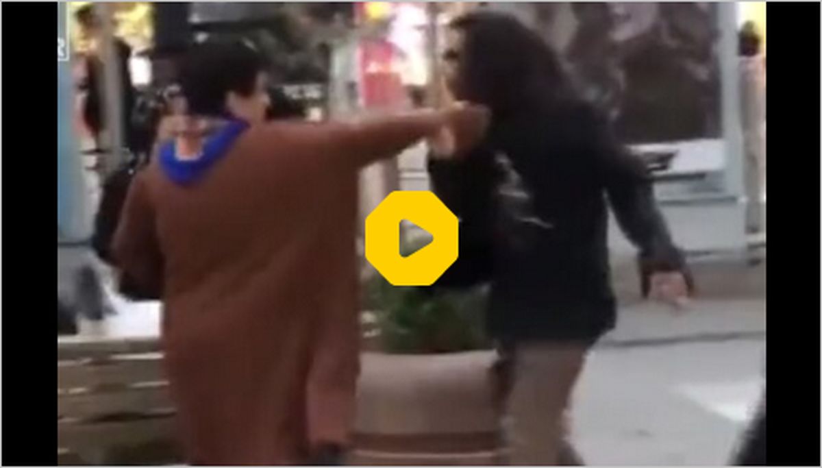 ببینید: حمله زن رهگذر به عابران پیاده با کیف دستی مردم را هاج و واج کرد!