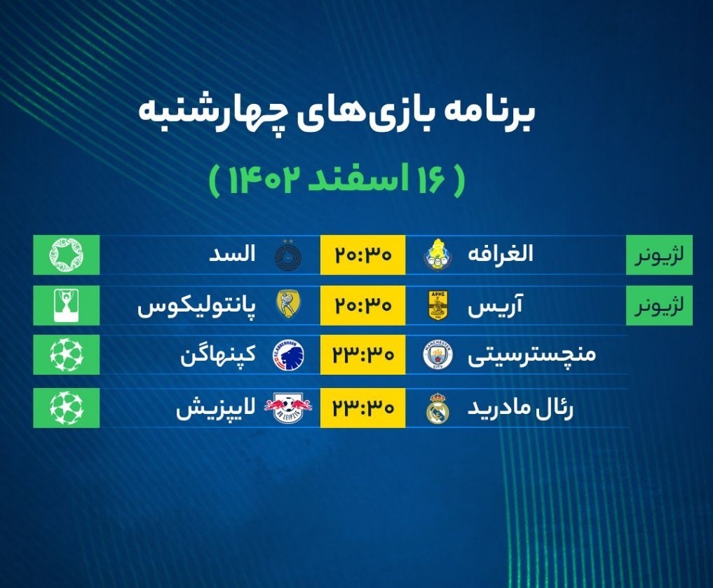 جدول | برنامه بازی‌های فوتبال امروز چهارشنبه ۱۶ اسفند ۱۴۰۲