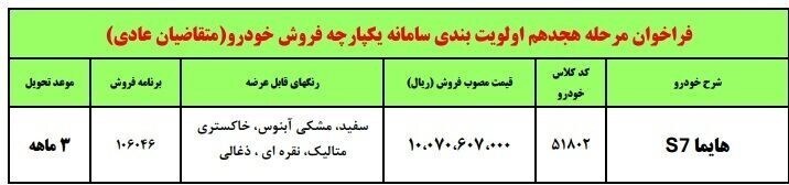 جدول | فروش فوق العاده هایما با تحویل ۹۰ روزه جدول | فروش فوق العاده هایما با تحویل ۹۰ روزه