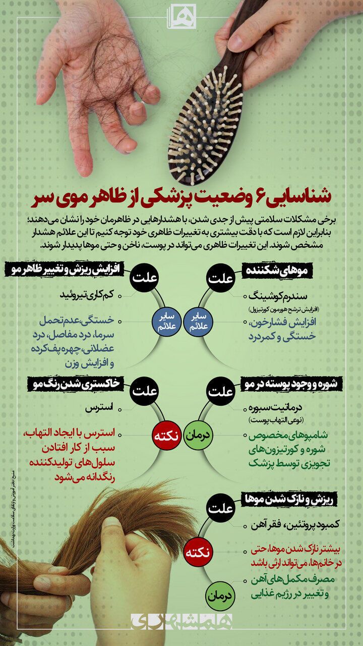 اینفوگرافیک | علائم هشداردهنده بیماری با نشانههایی در موی سر اینفوگرافیک | علائم هشداردهنده بیماری با نشانههایی در موی سر