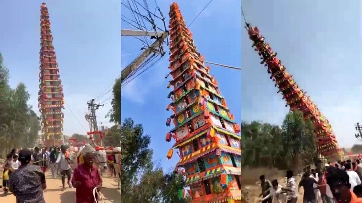 ویدیو | سقوط «ارابه معبد» ۳۰ متری در هند