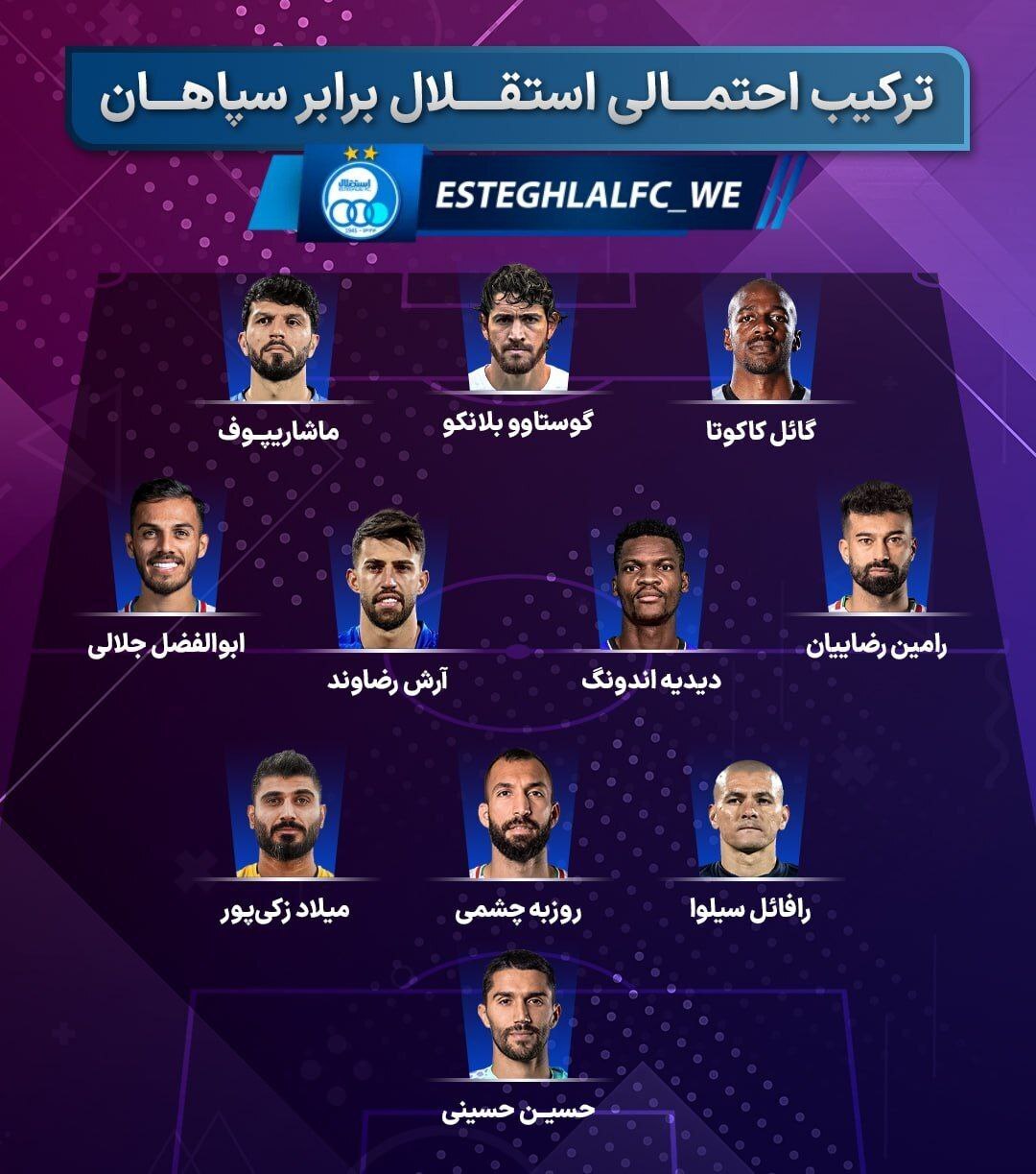 ترکیب استقلال برای بازی با سپاهان اعلام شد ترکیب استقلال برای بازی با سپاهان اعلام شد