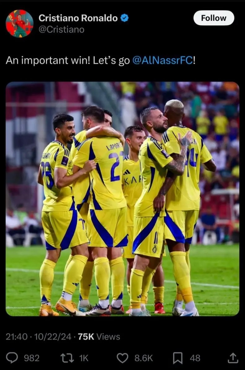 عکس | رونالدو بعد از پیروزی مقابل استقلال چه پستی در اینستاگرام گذاشت؟! عکس | رونالدو بعد از پیروزی مقابل استقلال چه پستی در اینستاگرام گذاشت؟!