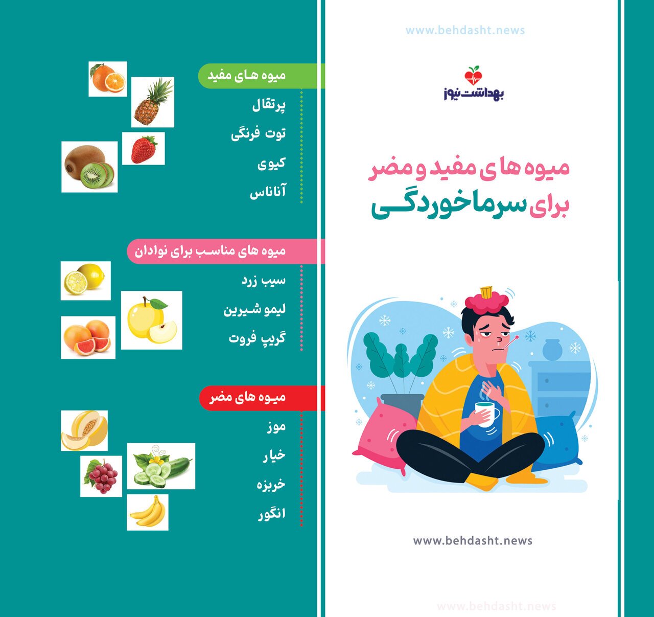 میوههای مضر برای سرماخوردگی کدامند ؟ + اینفوگرافیک میوههای مضر برای سرماخوردگی کدامند ؟ + اینفوگرافیک