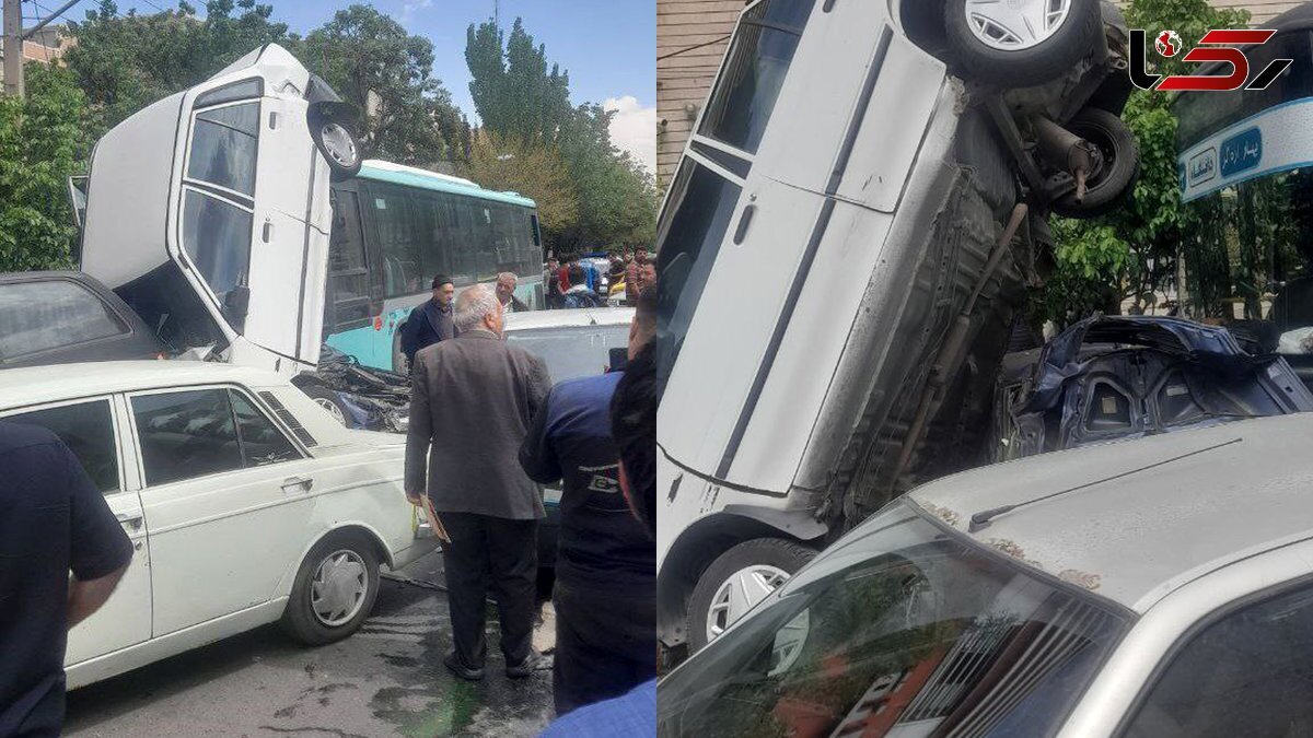 حادثه وحشتناک در خیابان؛ ترمز بریدن اتوبوس شهری چند خودرو را له کرد!