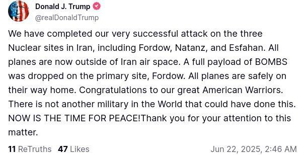 ترامپ: به ۳ سایت هسته‌ای ایران حمله کردیم + توییت