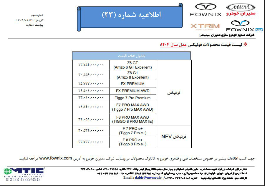 قیمت جدید محصولات مدیران خودرو اعلام شد + جدول